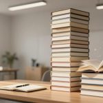 A stack of books on a wooden table with an open book emitting sparks beside it. A notebook and pen lie in the foreground. The background shows a blurred office setting with chairs, tables, and potted plants.