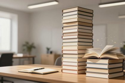 A stack of books on a wooden table with an open book emitting sparks beside it. A notebook and pen lie in the foreground. The background shows a blurred office setting with chairs, tables, and potted plants.