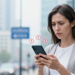 A woman with a concerned expression looks at her smartphone on a city street. Red exclamation marks appear near her, indicating alerts.