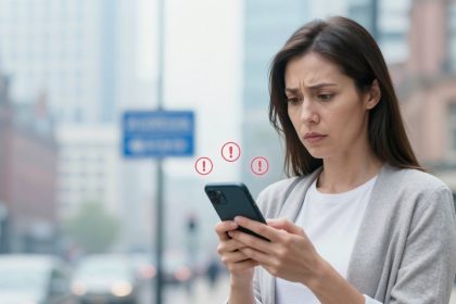 A woman with a concerned expression looks at her smartphone on a city street. Red exclamation marks appear near her, indicating alerts.