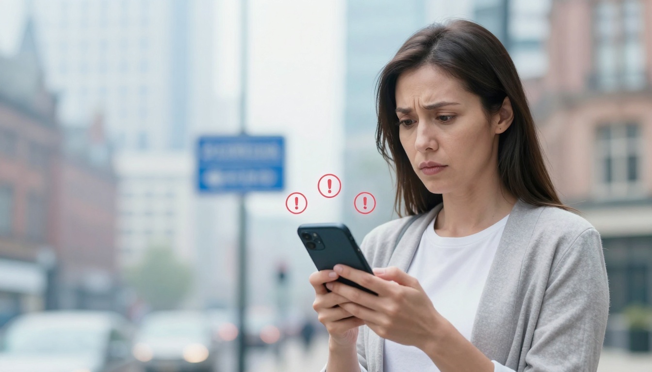 A woman with a concerned expression looks at her smartphone on a city street. Red exclamation marks appear near her, indicating alerts.