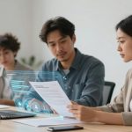 Three people in business attire are seated at a table, discussing a document. A laptop displays a digital hologram with graphs and icons.