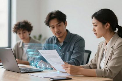 Three people in business attire are seated at a table, discussing a document. A laptop displays a digital hologram with graphs and icons.