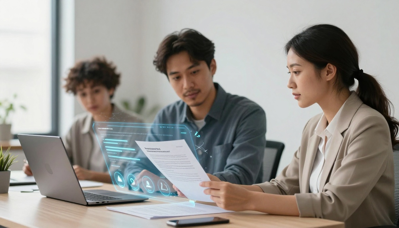 Three people in business attire are seated at a table, discussing a document. A laptop displays a digital hologram with graphs and icons.