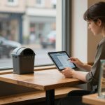 A woman with brown hair sits at a wooden table in a cafe, using a tablet. Pastries are visible in a display case nearby. A small trash bin sits on the table, and a street scene is visible through the window.