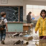 On the left, a boy with a backpack walks through a dilapidated classroom with broken windows. On the right, a girl in a yellow raincoat wades through a flooded classroom, with two adults in the background.