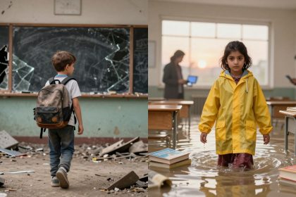 On the left, a boy with a backpack walks through a dilapidated classroom with broken windows. On the right, a girl in a yellow raincoat wades through a flooded classroom, with two adults in the background.