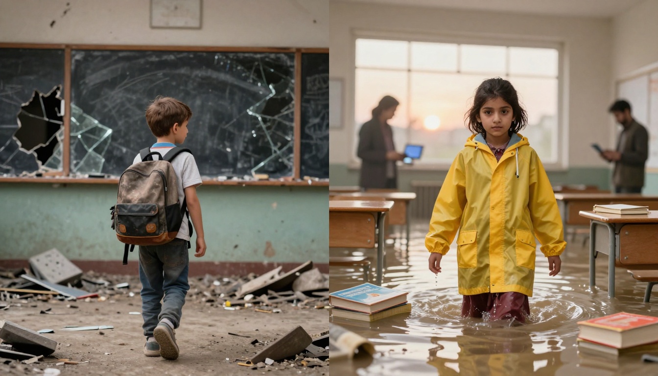On the left, a boy with a backpack walks through a dilapidated classroom with broken windows. On the right, a girl in a yellow raincoat wades through a flooded classroom, with two adults in the background.
