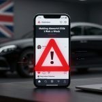 A smartphone displaying a warning symbol and text is held in focus. In the background, a blurred luxury car and a British flag are visible.