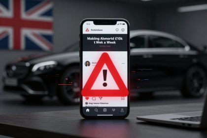 A smartphone displaying a warning symbol and text is held in focus. In the background, a blurred luxury car and a British flag are visible.