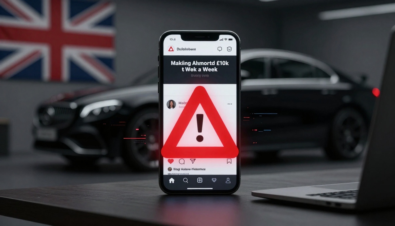 A smartphone displaying a warning symbol and text is held in focus. In the background, a blurred luxury car and a British flag are visible.