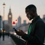 A man stands on a city street at dusk, focused on his smartphone. A digital red warning icon hovers near the phone. The background features blurred historic buildings and traffic lights.