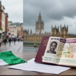 An open passport with a visible photo and details lies on a table next to a Nigerian flag and documents. In the background, the Houses of Parliament and Big Ben are seen under a cloudy sky. A suitcase is partially visible beside the passport.