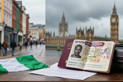 An open passport with a visible photo and details lies on a table next to a Nigerian flag and documents. In the background, the Houses of Parliament and Big Ben are seen under a cloudy sky. A suitcase is partially visible beside the passport.