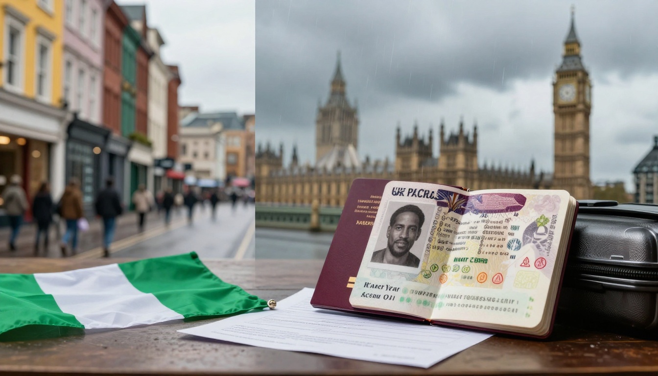 An open passport with a visible photo and details lies on a table next to a Nigerian flag and documents. In the background, the Houses of Parliament and Big Ben are seen under a cloudy sky. A suitcase is partially visible beside the passport.