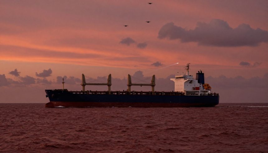 A large cargo ship sails on the ocean under a pink and orange sunset sky. Three drones fly above, and a faint contrail is visible in the sky.