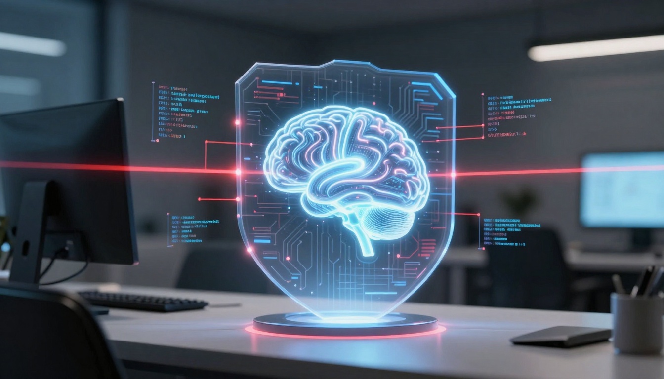 A glowing digital brain hologram with neon blue and red lines hovers over a desk, surrounded by computer code, in a modern office.
