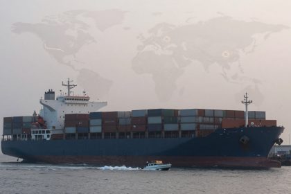 A large cargo ship carrying stacked shipping containers sails on the water. A small boat travels alongside. A faint world map overlays the sky.