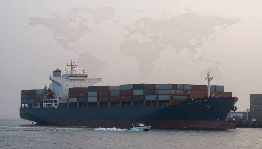 A large cargo ship carrying stacked shipping containers sails on the water. A small boat travels alongside. A faint world map overlays the sky.
