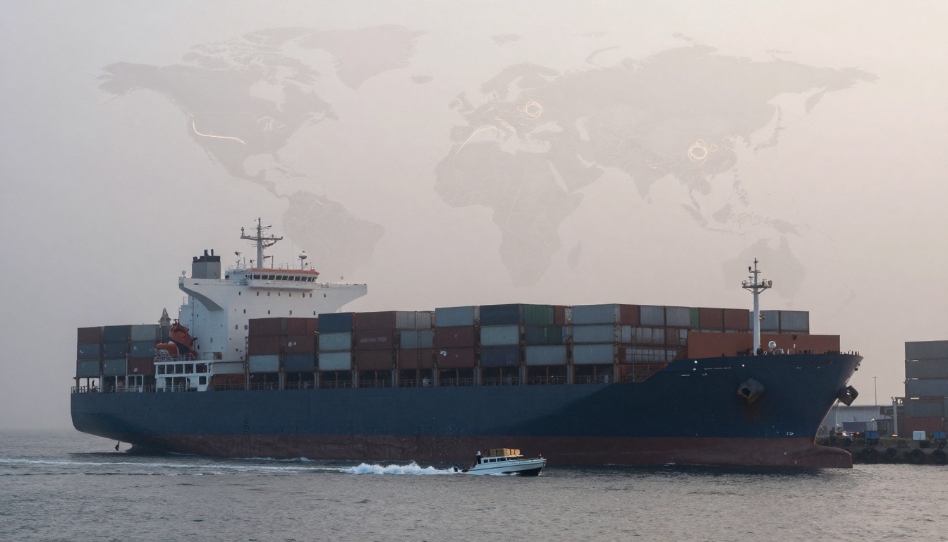 A large cargo ship carrying stacked shipping containers sails on the water. A small boat travels alongside. A faint world map overlays the sky.