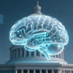 A digital brain with circuit patterns hovers over a government building. Surrounding icons include a car, scales of justice, and documents.