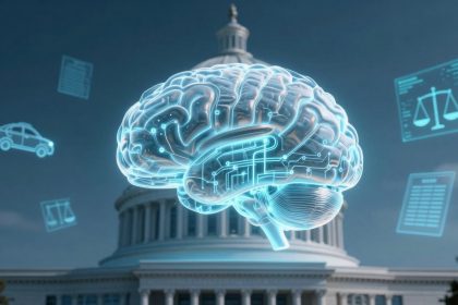A digital brain with circuit patterns hovers over a government building. Surrounding icons include a car, scales of justice, and documents.