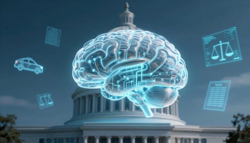 A digital brain with circuit patterns hovers over a government building. Surrounding icons include a car, scales of justice, and documents.
