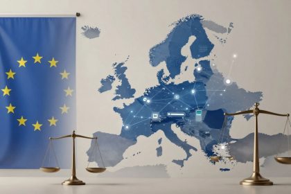 A European Union flag hangs on the left, next to a blue-toned map of Europe with digital network lines and icons. Two scales of justice are in the foreground.