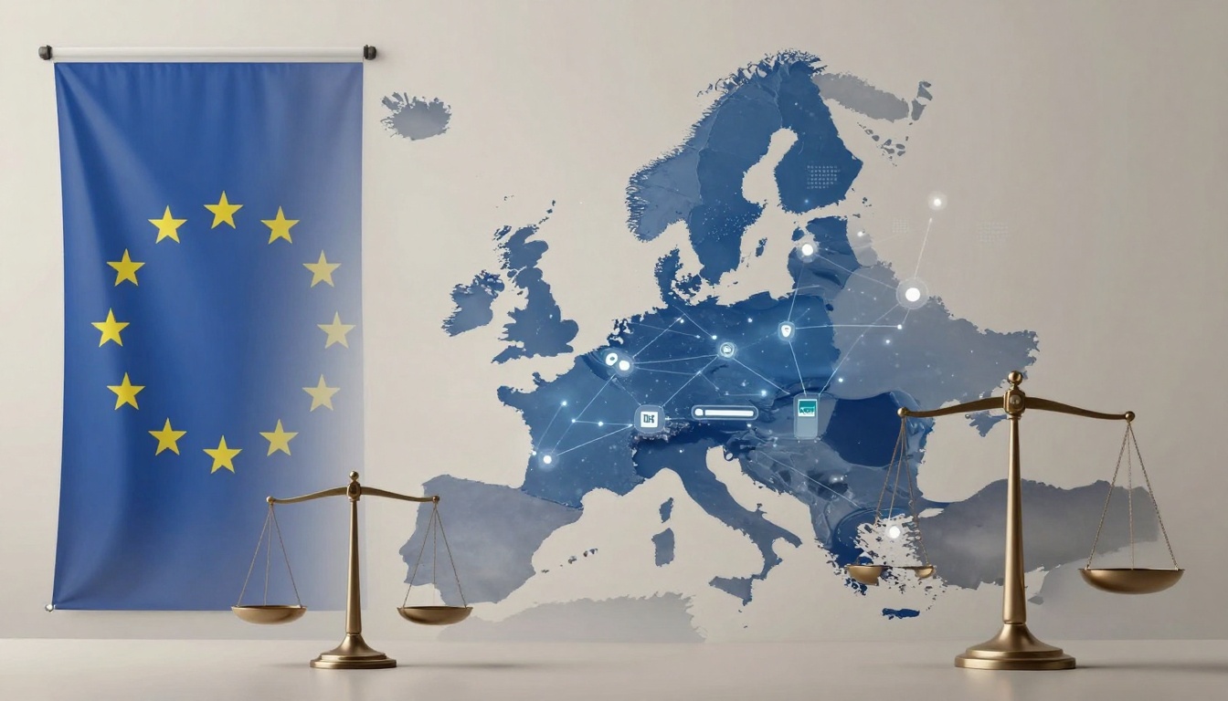 A European Union flag hangs on the left, next to a blue-toned map of Europe with digital network lines and icons. Two scales of justice are in the foreground.