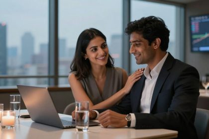 A man and woman are seated at a table in a modern office with a city view. The woman smiles and rests her hand on the man's shoulder as he looks at a laptop. Candles and glasses of water are on the table, and a graph is displayed on a screen in the background.
