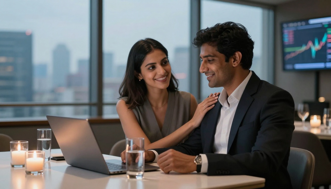A man and woman are seated at a table in a modern office with a city view. The woman smiles and rests her hand on the man's shoulder as he looks at a laptop. Candles and glasses of water are on the table, and a graph is displayed on a screen in the background.
