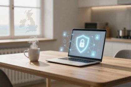 A laptop displaying a digital padlock icon on a wooden table with a steaming mug. A map of the UK is visible on the window.