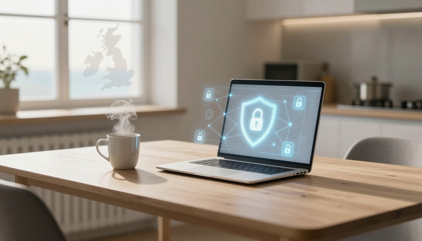 A laptop displaying a digital padlock icon on a wooden table with a steaming mug. A map of the UK is visible on the window.
