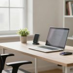 A modern office desk with a laptop, smartphone, and wireless charger. Two small potted plants are on the desk. A mesh office chair is nearby, with a window and bookshelf in the background.