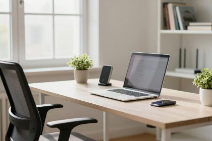 A modern office desk with a laptop, smartphone, and wireless charger. Two small potted plants are on the desk. A mesh office chair is nearby, with a window and bookshelf in the background.