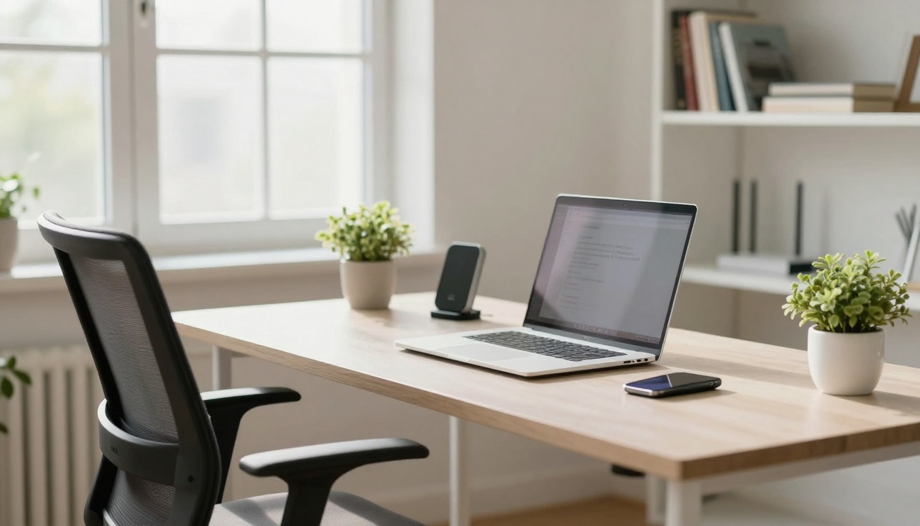 A modern office desk with a laptop, smartphone, and wireless charger. Two small potted plants are on the desk. A mesh office chair is nearby, with a window and bookshelf in the background.