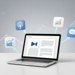 A laptop on a white surface displays a webpage with text and a video icon. Surrounding it are icons of a graph, podcast, chat, and bar chart, connected by arrows. The background is gray with faint lines and an upward arrow.