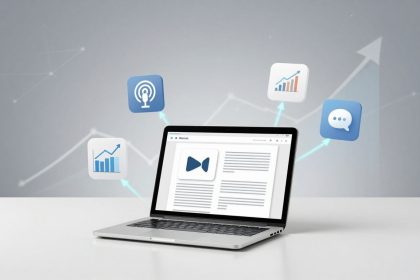 A laptop on a white surface displays a webpage with text and a video icon. Surrounding it are icons of a graph, podcast, chat, and bar chart, connected by arrows. The background is gray with faint lines and an upward arrow.