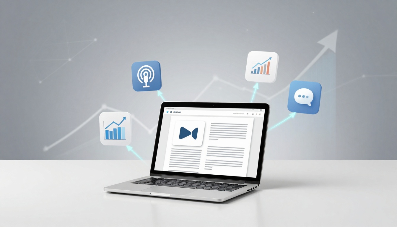 A laptop on a white surface displays a webpage with text and a video icon. Surrounding it are icons of a graph, podcast, chat, and bar chart, connected by arrows. The background is gray with faint lines and an upward arrow.