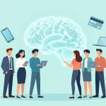 People in business attire using tech devices stand around a glowing brain illustration. Floating items include a smartphone, credit card, and laptop, on a light teal background.