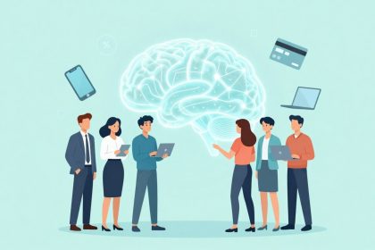 People in business attire using tech devices stand around a glowing brain illustration. Floating items include a smartphone, credit card, and laptop, on a light teal background.