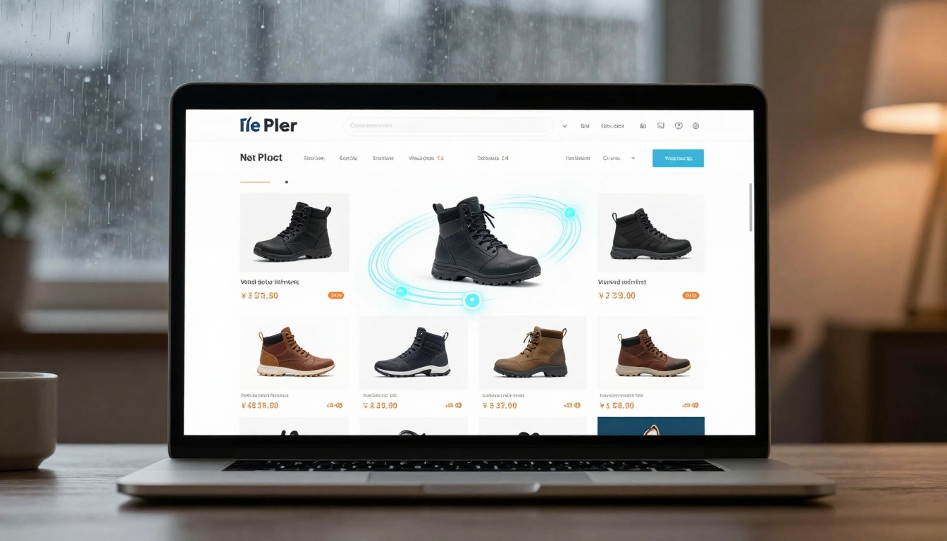 A laptop displaying an online shoe store with images of various boots and prices. A rainy window and a lamp are visible in the background.