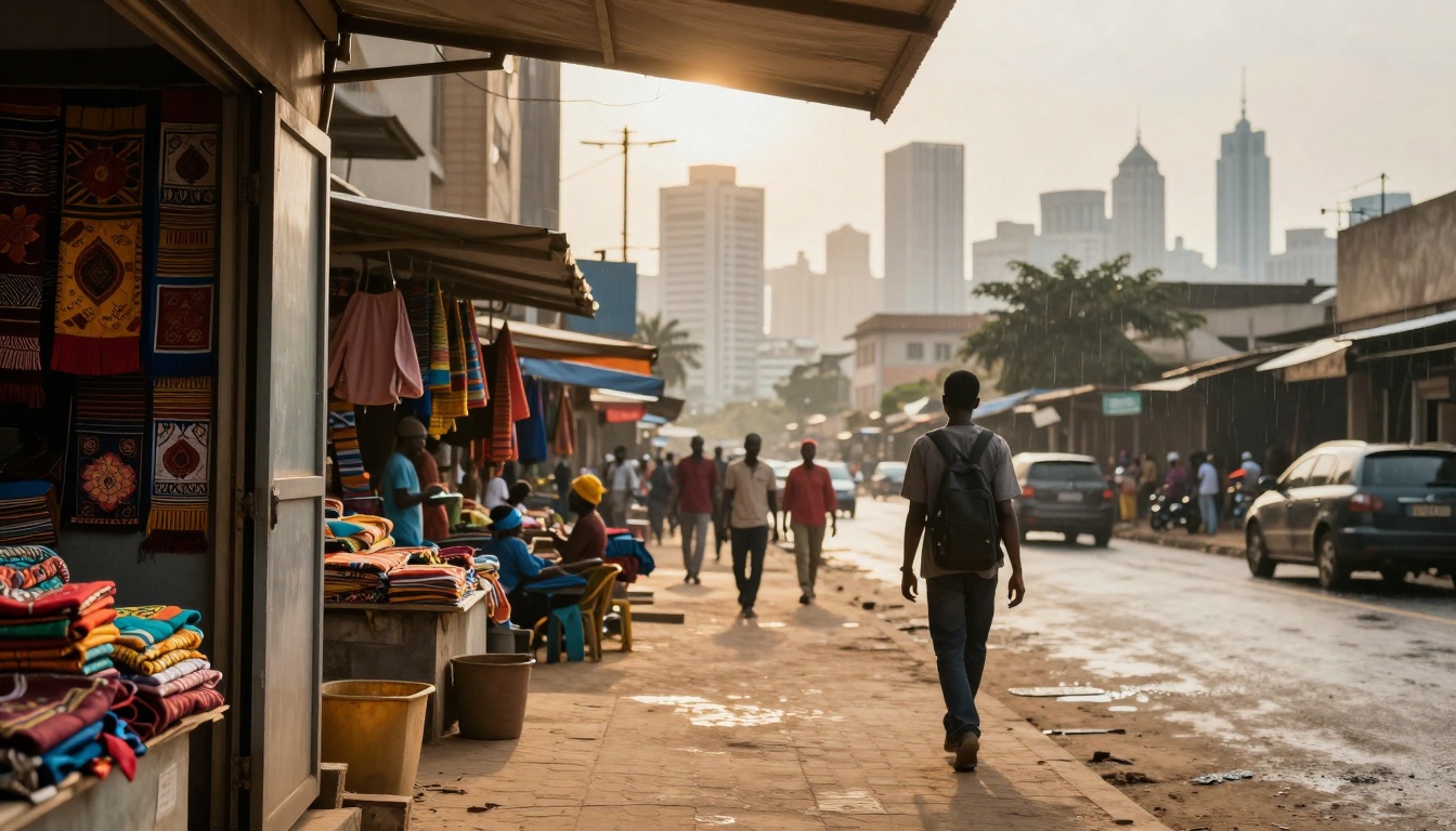 A street market scene at sunset with colorful fabrics hanging on the left. People walk along the street, and tall buildings are visible in the background.