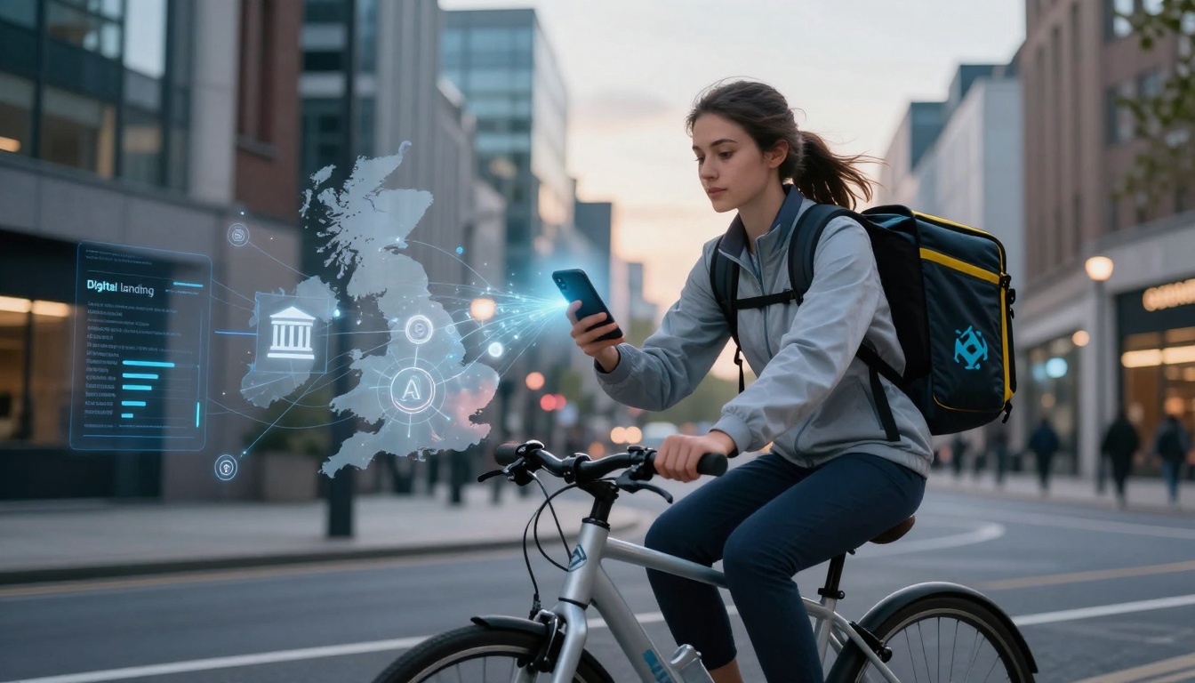A person wearing a gray jacket and backpack rides a bicycle while holding a smartphone. Digital graphics show a map of the UK with data charts. Urban setting with modern buildings in the background.