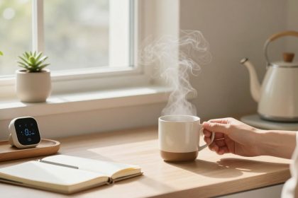 A hand holds a steaming mug on a wooden table near an open notebook. A digital clock, two small potted plants, and a kettle are in the background by a window.