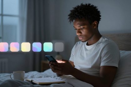 A person sits on a bed using a smartphone in a dimly lit room. Colorful app icons hover above a notebook and mug on the bed.