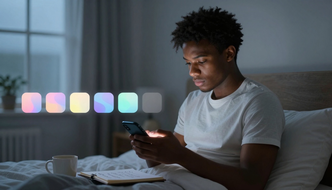 A person sits on a bed using a smartphone in a dimly lit room. Colorful app icons hover above a notebook and mug on the bed.