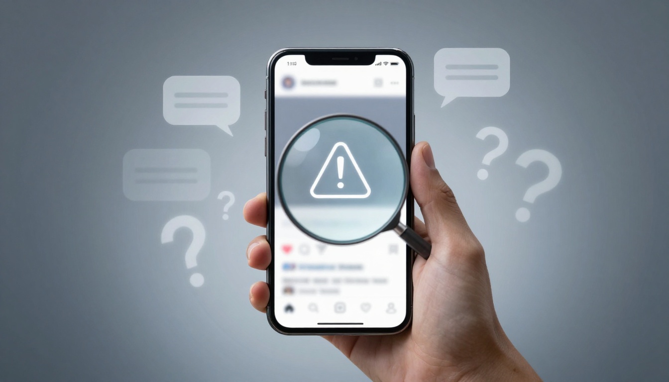 A hand holding a smartphone displaying a warning triangle with an exclamation mark, viewed through a magnifying glass. Speech and question mark icons are in the background.