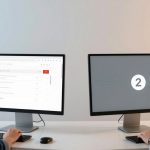 Two people sit at a desk using computers. The left monitor displays a Google search page, while the right monitor shows a screen with the number "2".