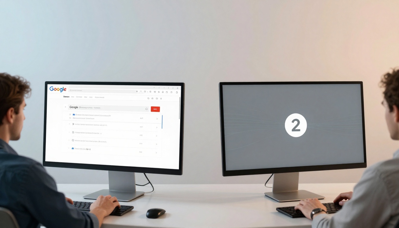 Two people sit at a desk using computers. The left monitor displays a Google search page, while the right monitor shows a screen with the number "2".